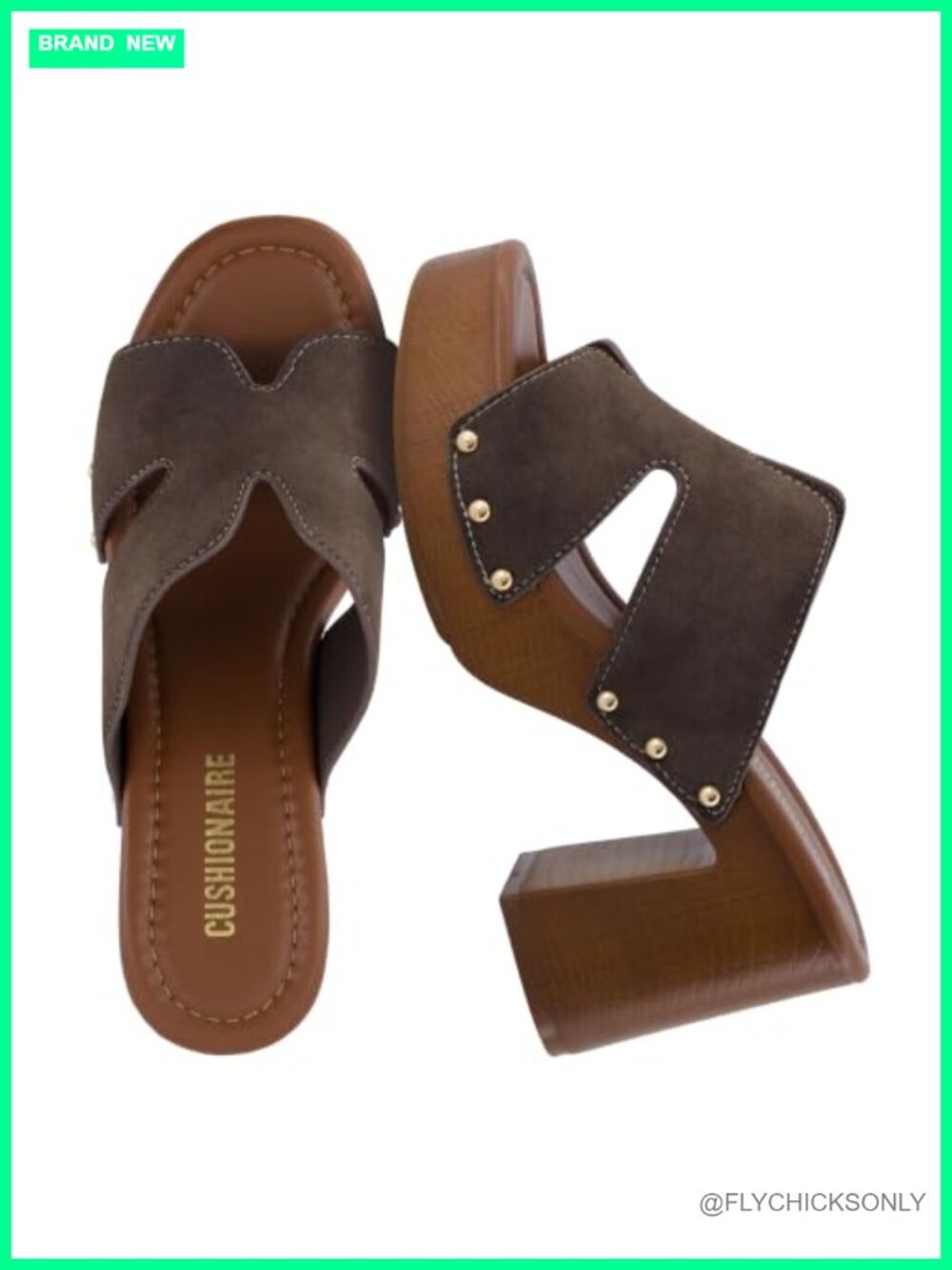 Chunky Block Heel Sandals Faux Suede Slip On Open Toe Studded Vegan